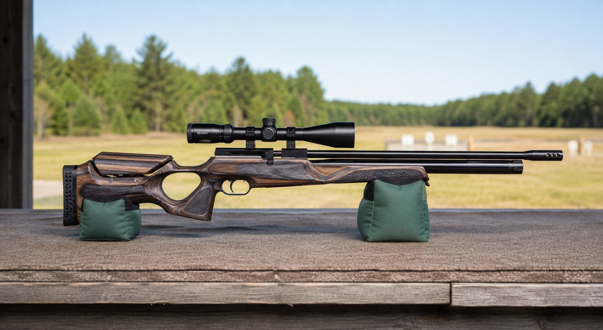 Adult setting a paper target in front of a solid backstop at a tidy outdoor air rifle range, with the rifle secured on a bench and no logos or text visible.